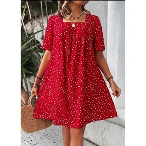 Red Midi Dress Womens A-line Polka Dots Flowy Size 0X Vacation  Boho Office Work